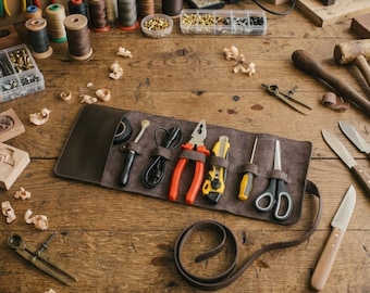 Leather Tool Roll Organizer, EDC Utility Wrap, Handmade Tool Pouch, Compact Tool Storage Roll, Gift for Craftsman