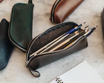 Mens pencil case, leather pen pouch, zipper paint brush storage, custom tool organizer, school supplies, personalized makeup artist bag