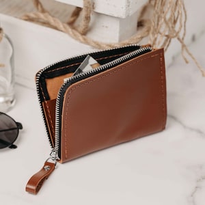 Mini billetera de cuero con cremallera, billetera con media cremallera para hombre, billetera pequeña con cremallera, billetera delgada y compacta personalizada para papá, monedero para esposo