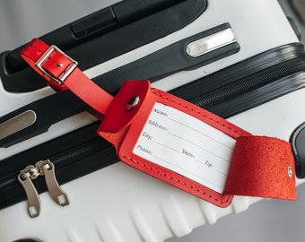 Leather luggage tag with card pocket, personalized travel bag tag, women red backpack tag, colorful luggage tag, leather suitcase tag