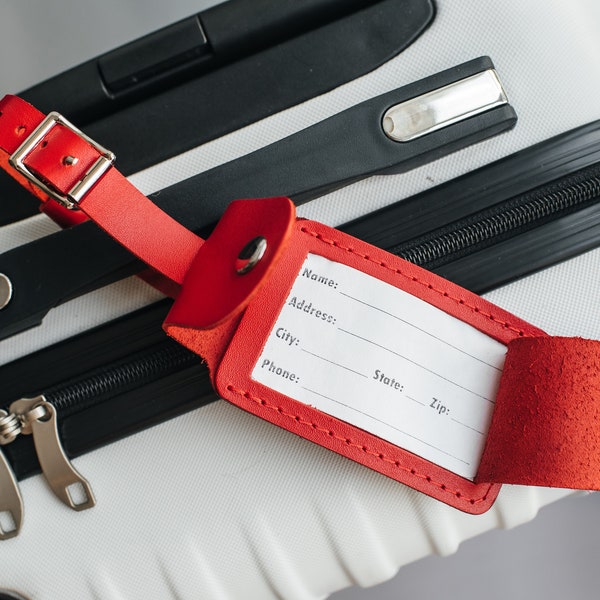 Leather luggage tag with card pocket, personalized travel bag tag, women red backpack tag, colorful luggage tag, leather suitcase tag