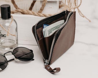 Cartera de cuero con cremallera para hombre, cartera con media cremallera y bolsillo, cartera con cremallera personalizada, regalo personalizado para novio, el mejor regalo para él, regalo para papá y esposo.
