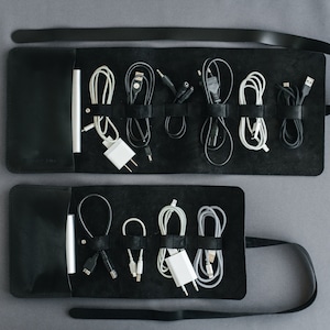 Leather cable organizer, custom cord roll, travel charger storage, gadget & earphone case