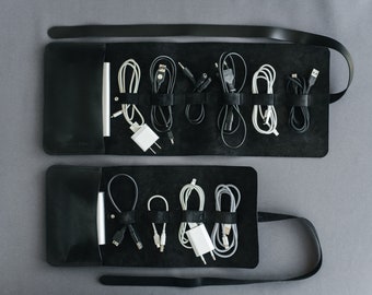 Leather cable organizer, custom cord roll, travel charger storage, gadget & earphone case