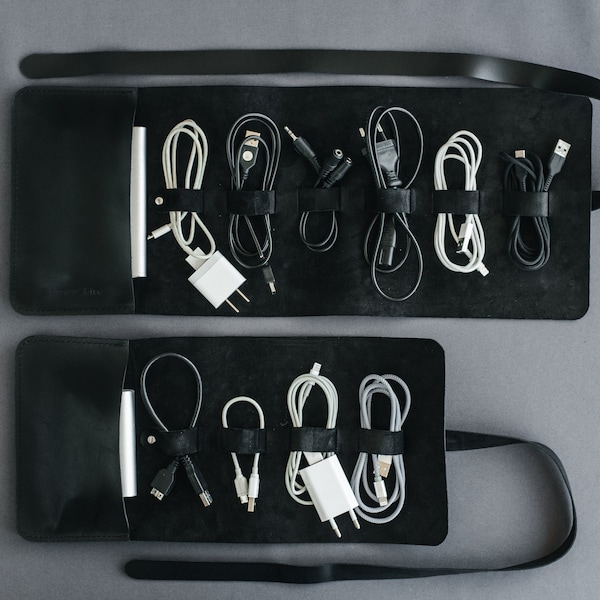 Leather cable organizer, custom cord roll, travel charger storage, gadget & earphone case