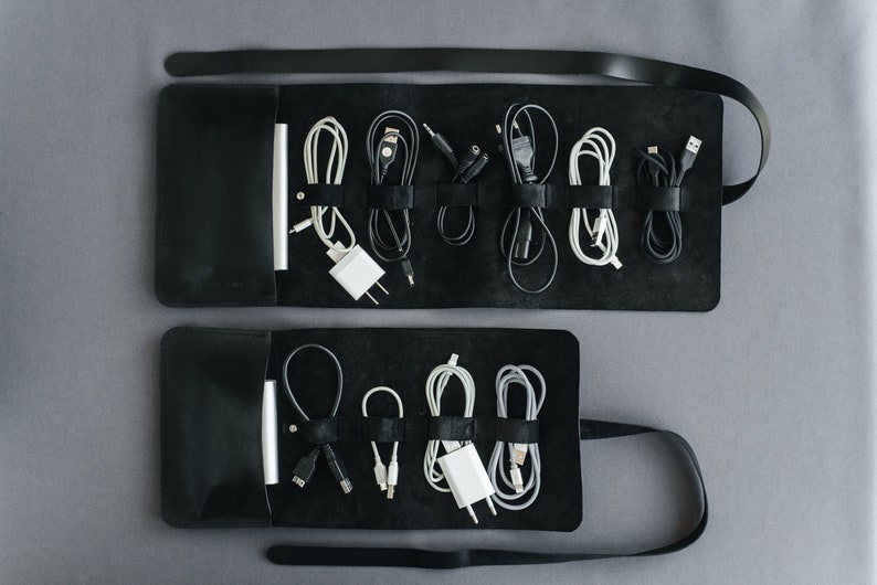 Leather cable organizer, custom cord roll, travel charger storage, gadget & earphone case image 1