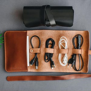Personalized Leather Cord Organizer, Travel Cord Organizer, Custom Cable Roll, Accessories Pouch, Cord Case, Dad Birthday Gift