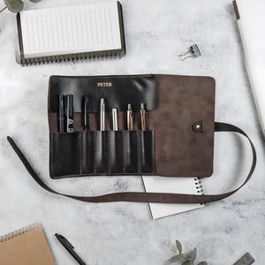 Personalized Pen Case, Fountain Pen Storage, Leather Pen Roll, Custom Pen Pouch, Artist Roll, Paint Brush Holder image 1