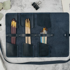 Roll for cosmetic brush & fountain pen, leather travel organizer, custom artist pencil case, knitting needle roll, crochet hook bag Navy blue