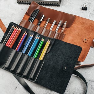 Personalized Pen Case, Fountain Pen Storage, Leather Pen Roll, Custom Pen Pouch, Artist Roll, Paint Brush Holder image 7