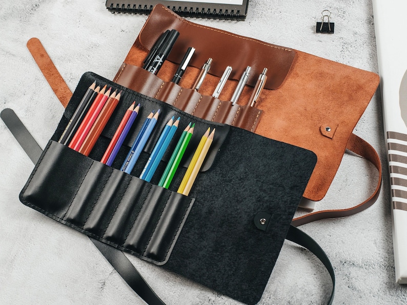 Personalized Pen Case, Fountain Pen Storage, Leather Pen Roll, Custom Pen Pouch, Artist Roll, Paint Brush Holder image 7
