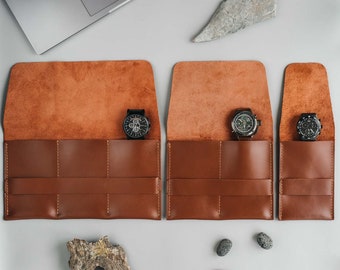 Leather watch case, custom travel accessories, men's cognac watch roll, personalized watch storage, protective watch organizer