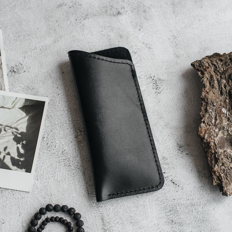 Estuche delgado de cuero para gafas, funda para gafas, soporte para gafas, estuche para gafas, funda para gafas de sol de lectura, bolsa de viaje para gafas, regalo para papá Black