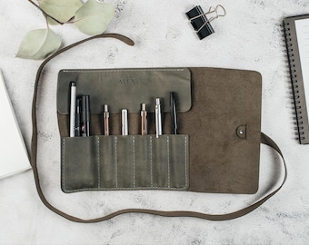 Leather Fountain Pen Case, Personalized Pencil Roll Up, Custom Pen Pouch, Artist Roll, Paint Brush Holder, Teacher Gift