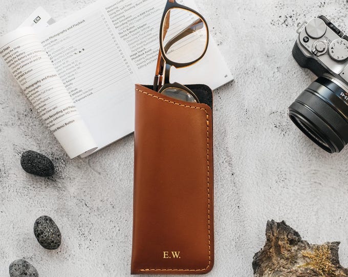 Leather Slim Glasses Case, Eyeglass Sleeve, Spectacle Holder, Eyeglasses Case, Reading Sunglasses Sleeve, Travel Eyewear Bag, Gift for Dad