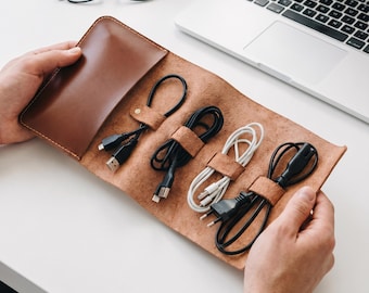 Leather Cable Organizer Roll, Tech Travel Pouch, Charger Cord Holder, Power Bank Case, Minimalist EDC Gear, Mens Tech Kit