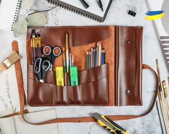 Cognac leather organizer, pencil & paint brush roll, custom school supplies, personalized artist pouch, pen wrap pocket, craft tool case
