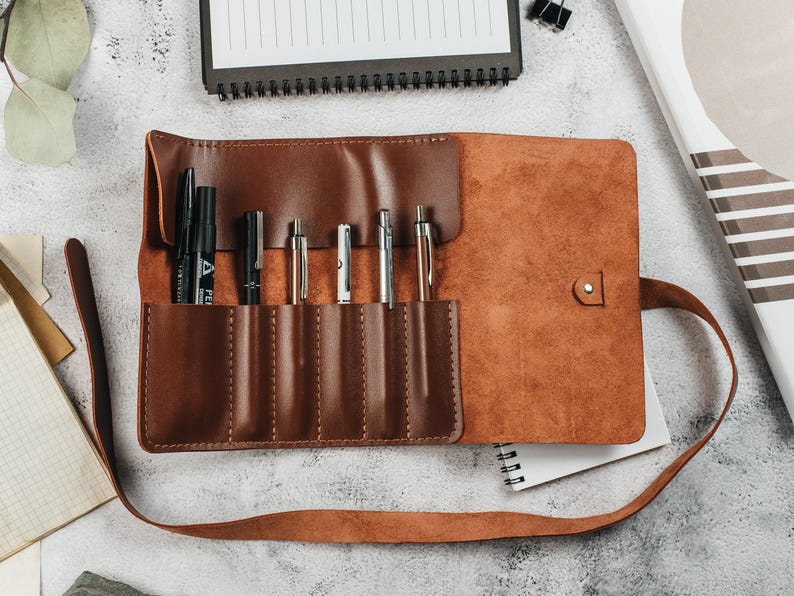 Personalized Pen Case, Fountain Pen Storage, Leather Pen Roll, Custom Pen Pouch, Artist Roll, Paint Brush Holder image 6
