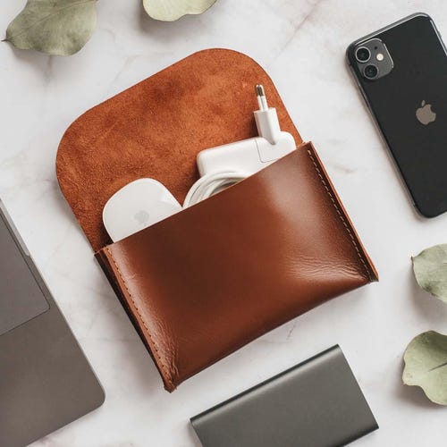 Leather Cable Pouch, Laptop Charger Organizer, MacBook Charger