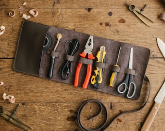 Leather Tool Roll for Dad, Custom Screwdriver Holder, Mens Garage Organizer, Mechanic Instrument Storage Bag, Scissors Case, Carpenter Gift