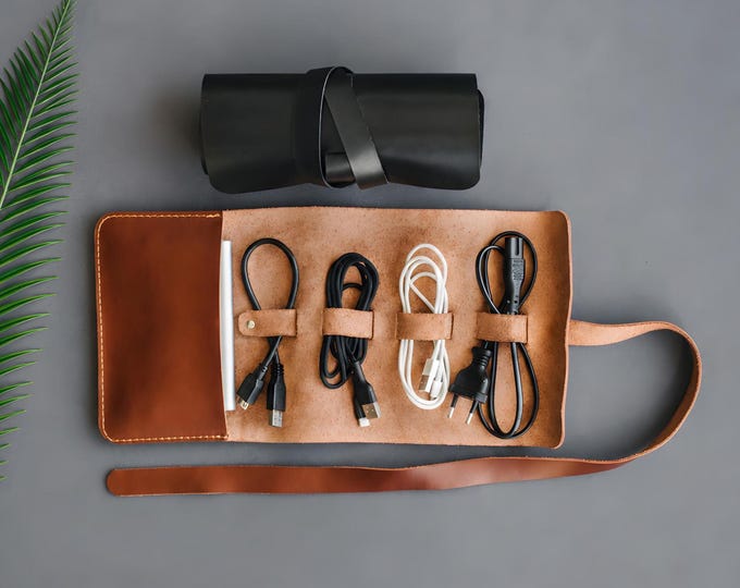 Personalized Leather Cord Organizer, Travel Cord Organizer, Custom Cable Roll, Accessories Pouch, Cord Case, Dad Birthday Gift