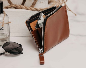 Cartera de cuero con media cremallera para hombre, cartera con cremallera personalizada para hombre, regalo para novio, el mejor regalo para él, cartera personalizada para papá o esposo