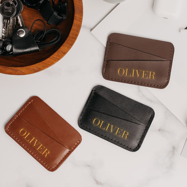 Leather custom card holder, men embossed slim wallet, personalized business card case, groomsmen gift, minimalist wallet, budget wallet image 2