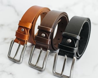 Leather Mens Belt, Personalized Metal Buckle Belt, Classic Waist Belt, Gift for Dad or Husband