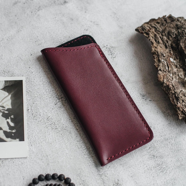 Estuche delgado de cuero para gafas, funda para gafas, soporte para gafas, estuche para gafas, funda para gafas de sol de lectura, bolsa de viaje para gafas, regalo para papá Burgundy