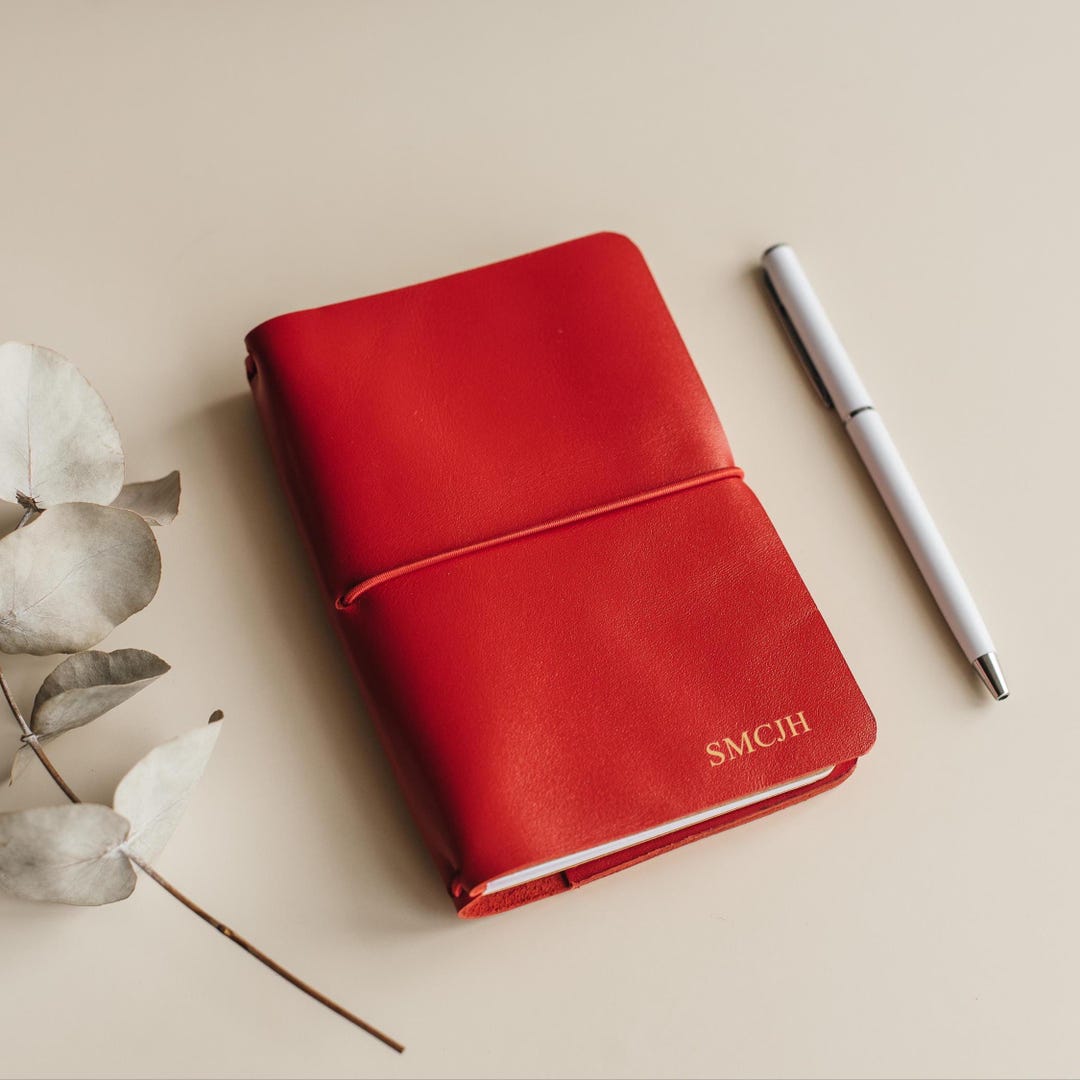 Personalized Refillable Leather Journal Cover, Red Travelers Notebook Cover, A6 A5 Planner Cover, Custom Coworker Gift, Corporate Gifts