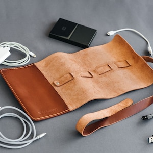 Leather cable organizer, custom cord roll, travel charger storage, gadget & earphone case image 7