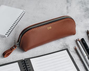 Personalized Leather Pencil Case, Zippered Pen Pouch, Pen Holder Organizer, Teacher Appreciation Gift