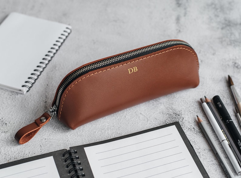 Personalized Leather Pencil Case, Zippered Pen Pouch, Pen Holder Organizer, Teacher Appreciation Gift