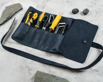 Leather tool organizer, men's garage storage, wrench and knife roll, scissors custom case, man cave organizer, woodworking carving tools