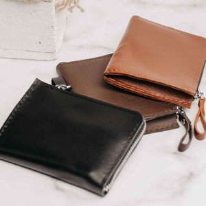 Cartera con cremallera en L, cartera minimalista con cremallera personalizada, cartera pequeña de cuero con media cremallera, minicartera de bolsillo, monedero con cremallera, regalo de graduación