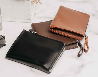 Cartera con cremallera en L, cartera minimalista con cremallera personalizada, cartera pequeña de cuero con media cremallera, minicartera de bolsillo, monedero con cremallera, regalo de graduación