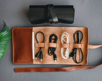 Leather cord organizer, custom embossed cable roll, travel charger storage, gadget case, men's earbud holder