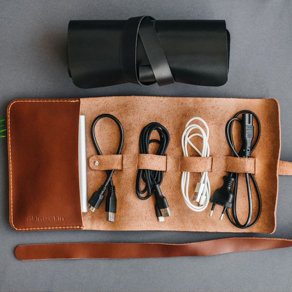 Leather cord organizer, custom embossed cable roll, travel charger storage, gadget case, men's earbud holder
