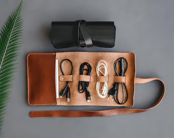 Leather Tech Case, Cord Organizer, Custom Embossed Cable Roll, Travel Charger Storage, Gadget Case, Men's Earbud Holder, Coworker Gift