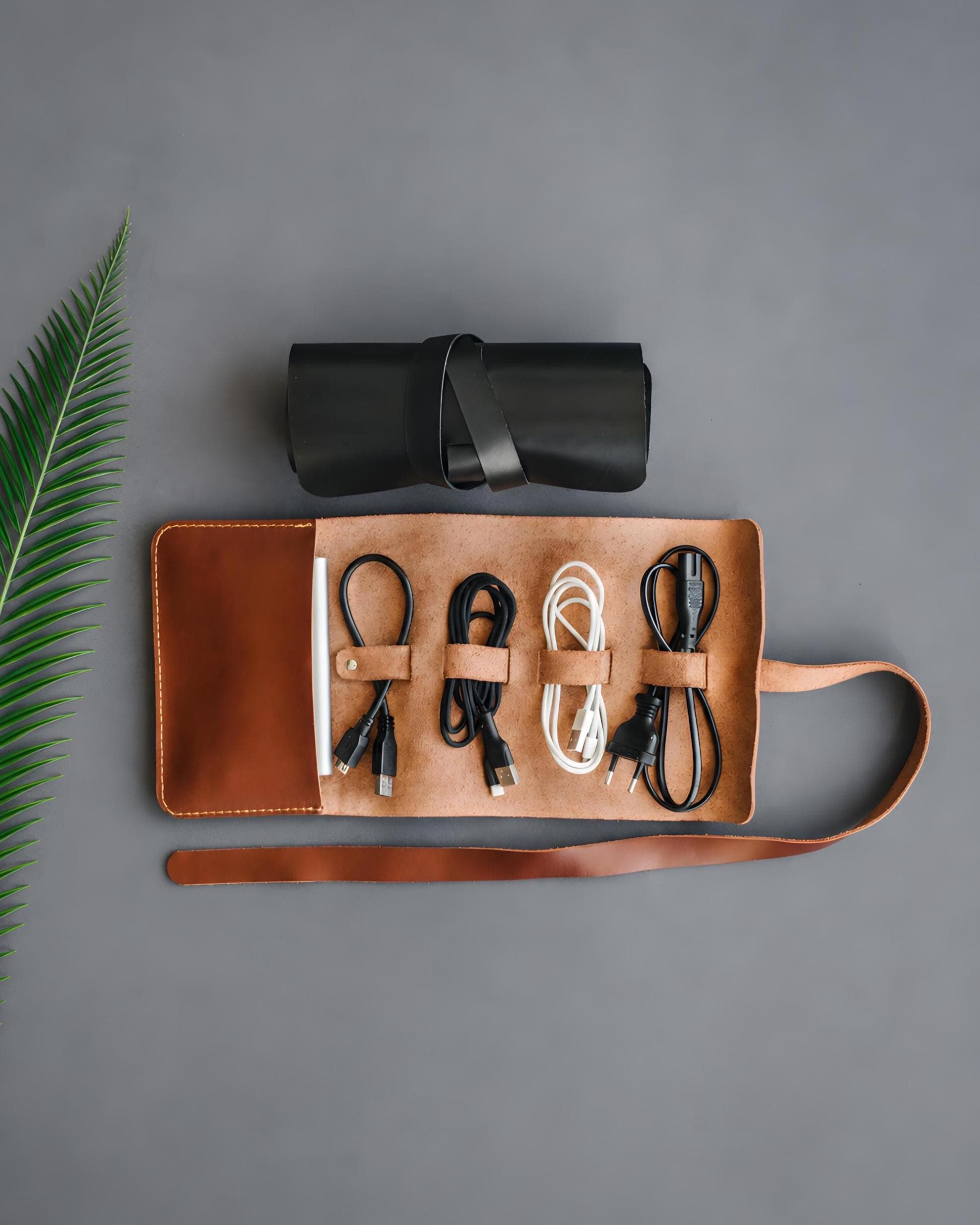 Leather Tech Case, Cord Organizer, Custom Embossed Cable Roll, Travel Charger Storage, Gadget Case, Men's Earbud Holder, Coworker Gift