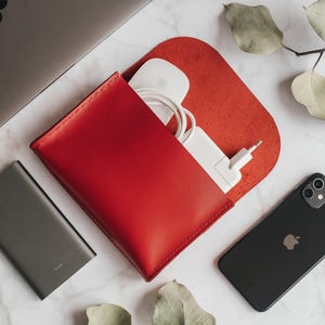Custodia in pelle rossa per Magic Mouse, organizer per cavi, custodia per caricabatterie, custodia per cavi da viaggio, supporto per caricabatterie, custodia per cavi tecnologici, custodia per cavi