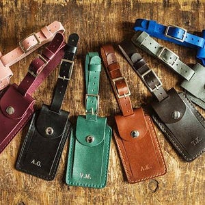 Étiquette à bagage en cuir avec pochette pour cartes, Étiquette de sac personnalisée, Étiquette de valise de voyage, Étiquette de sac à dos, Cadeaux de mariage, Accessoires de voyage personnalisés