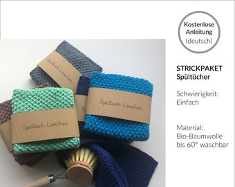 Strick-Paket für Spültücher aus Bio-Baumwolle. Einfache Anleitungen für Anfänger und Wiedereinsteiger. Für nachhaltige Zero Waste Geschenke.