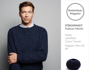 Strick-Paket für den Herren-Pullover Martin aus LAMANA Como Tweed, 100% Merino Super Light. Magazin Men 02 kostenlos!