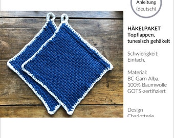 Häkel-Paket für zweifarbige Topflappen aus Bio-Baumwolle (GOTS), DIY, Kit, Anleitung, leicht, einfach, Garn, Wolle, Küche, Geschenk