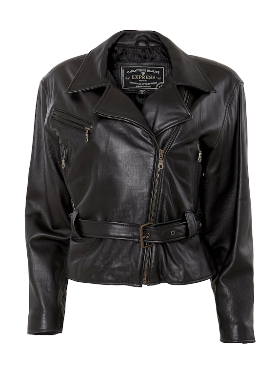 Oversized Bold Shoulder Black Leather Motorcycle … - image 2