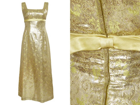 60s Metallic Gold Jacquard Empire Waist Maxi Dress | XS, S - Etsy