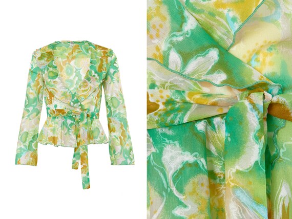 60s Floral Sheer Ruffle Bell Sleeve Wrap Top | XS,