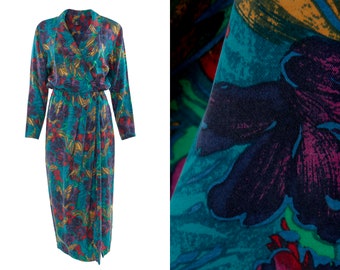 Vintage Tropical Floral Print Silk Dress - 8, M