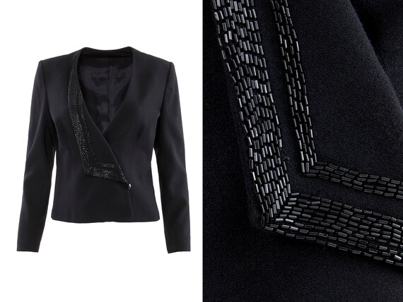 Black Wool Beaded Lapel Asymmetrical Collarless Bl